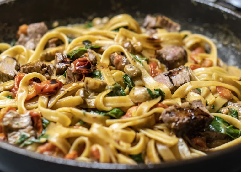 A bowl of pasta with red tomato sauce and fresh basil leaves.